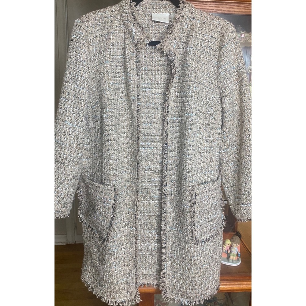 Chicos Metallic Tweed Fringe Open Front Longline Jacket Tan Blue Size 1 Medium